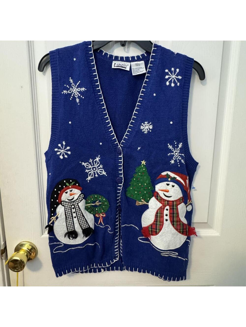 Vintage Blue Snowman Christmas Sweater Vest Small